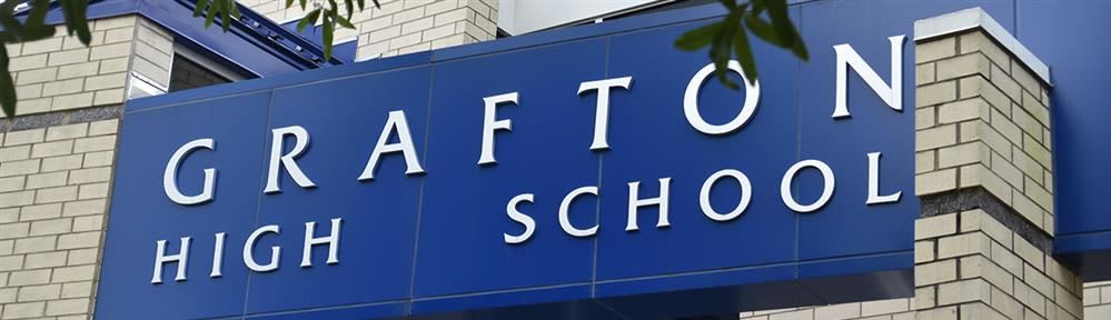 Grafton High School’s blue entrance sign on its brick building in Yorktown, Virginia